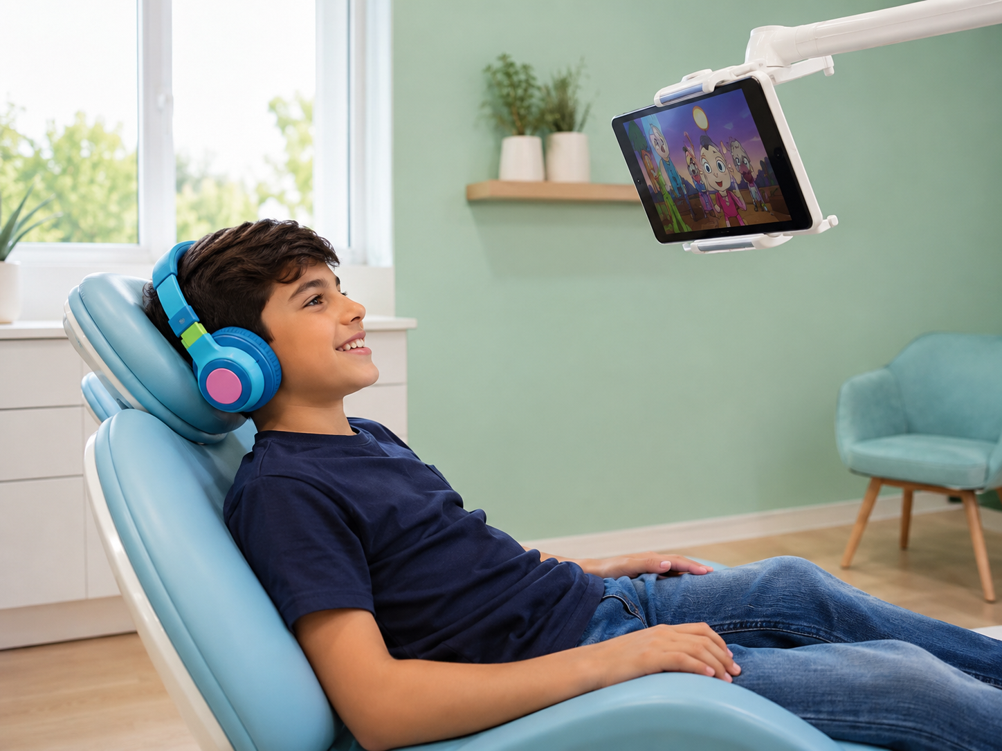 Criança relaxada usando fones no dentista